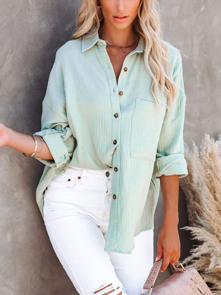 swvws Casual Linen Women Blouse Shirts Summer Lapel Button Down Shirts Long Sleeve Solid Office Tops Female Loose Pocket Cotton Shirts