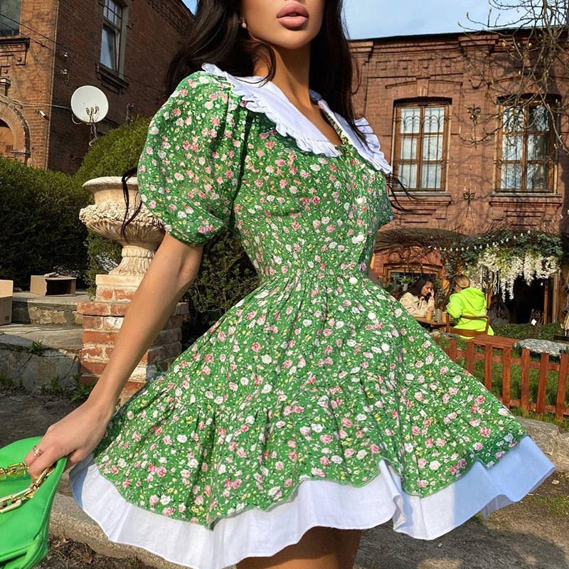 swvws  Summer Printed Dresses Women Fashion Slim Mini Dress Women Elegant Prairie Chic Puff Sleeve Dresses Female Ladies