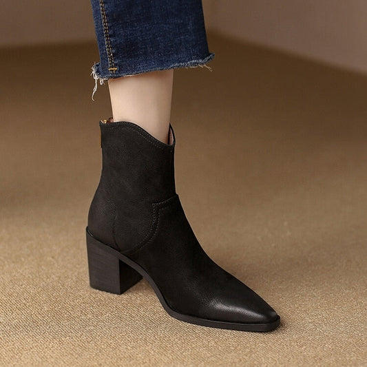 swvws Autumn Shoes    NEW Fall/Winter Women Shoes Pointed Toe Chunky Heel Boots Genuine Leather Black Boots for Women Fashion Hight Heel Modern Boots