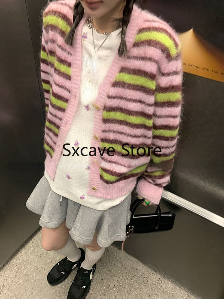 swvws  Autumn Faux Fure Knitted Cardigan Women Casual Long Sleeve Button Kawaii Clothing Striped Sweater Female Korean Style Tops