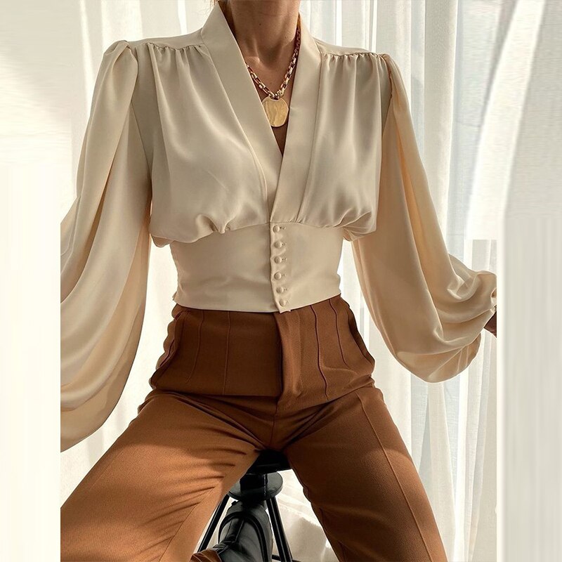 swvws New Women Solid Chiffon Button Shirt Blouses For Women Puff Long Sleeve Tops Women  V Neck Clothing  Female Button Up Shirt