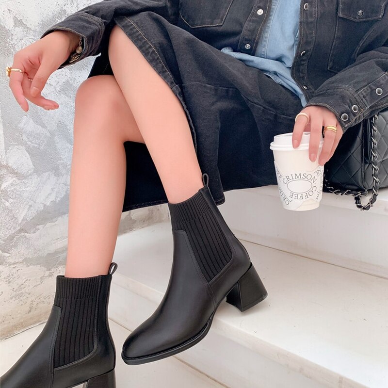 swvws  fashion inspo   NEW Ankle Boots for Women Split Leather Square Toe Chunky Heel Shoes Winter Modern Boots Concise Vintage Knitting Ankle Boots