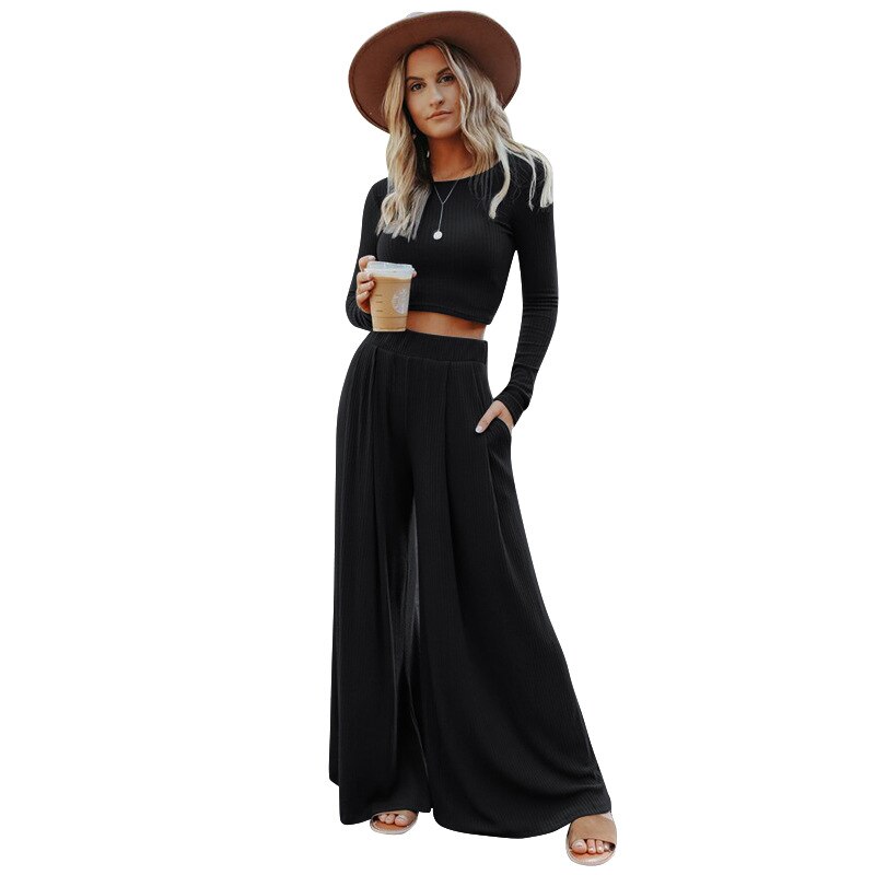 swvws  Solid Color Suit Two-Piece Fashion Casual Long-Sleeved Pullover Autumn Spring Wear Pit Strip Knitted Wide-Leg Pants Suit