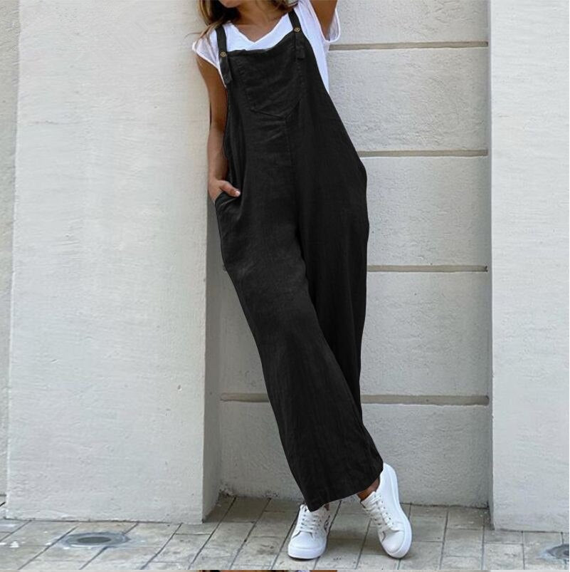 swvws Suspender Solid Long Women Jumpsuit Casual High Waist Cotton Linen Women Jumpsuits Pocket Straight Button Jumpsuits Loose 3XL