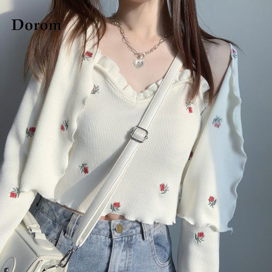 swvws Vintage Sweet Embroidery Knitted Set Women Korean Style Slim Long Sleeven Cardigan+Kawaii Sling Crop Top Harajuku Two Piece Suit