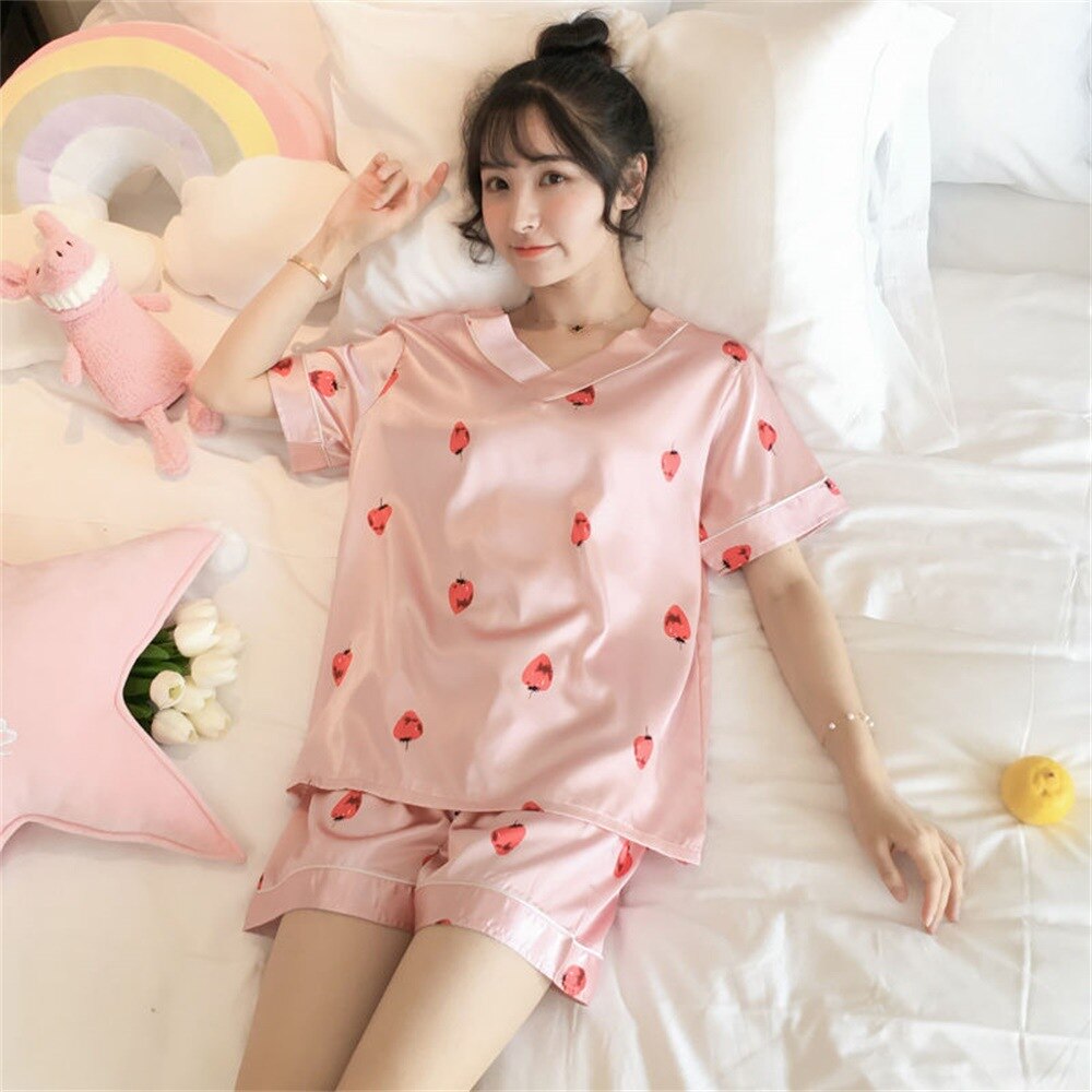 swvws Women's Summer Short-Sleeved Ice Silk Pajamas Loose And Comfortable Homewear Pajama Set Women Sleepwear