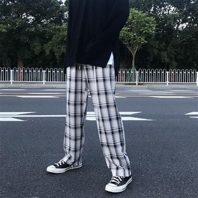 swvws Back To School  Plaid Pants Men Streetwear Baggy Fashion Wide Leg Checked Trousers Male Summer Loose Casual Harajuku Korean Streetwear