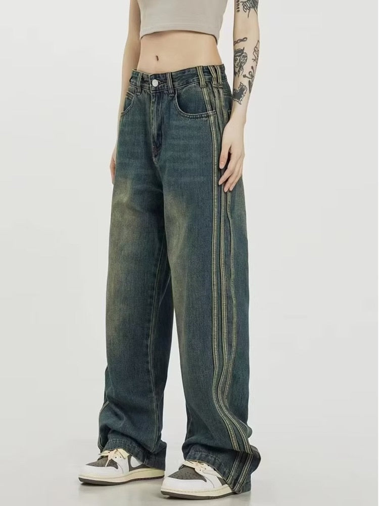 swvws Vintage Washed Old High Street Side Striped Jeans Women's Loose Wide Leg Slim Pants Women's Jeans