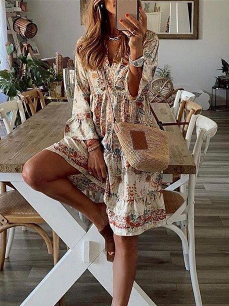 swvws Boho Dress Vintage Printed Dress Women Sexy V-Neck Ruffle Spring Casual Long Sleeve Holiday Beach Dresses Vestido Feminino