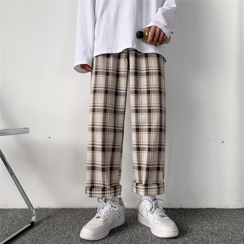 swvws Back To School  Plaid Pants Men Linens Korean Checked Trousers Male Streetwear Fashion Bottoms Summer Wide Leg Pants Harajuku Breathable