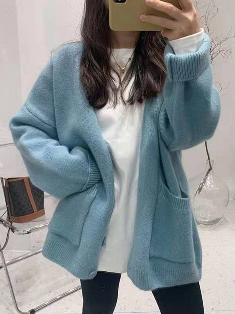 swvws Autumn Loose Cardigans Casual Vintage Women Knitted Sweaters  Fashion Korean Long Sleeve Knitwear Female Solid V-Neck Sweaters