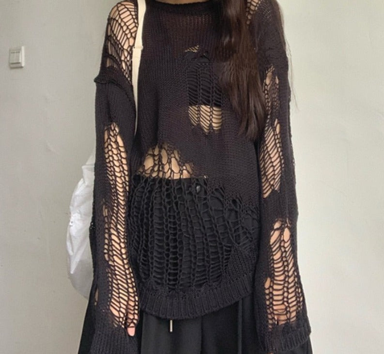 swvws Gothic Hollow Out Sweater Hole See Through Oversized Knitted Pullovers Emo Streetwear Grunge Clothes Y2k Tops Spring