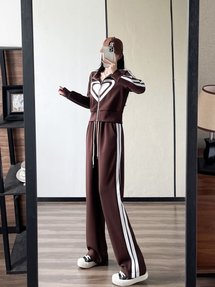 swvws  New Spring and Autumn Zipper Jacket High Waist Wide Leg Pants Two-piece Fashion Casual Loose Long-sleeved Sports Suit Women