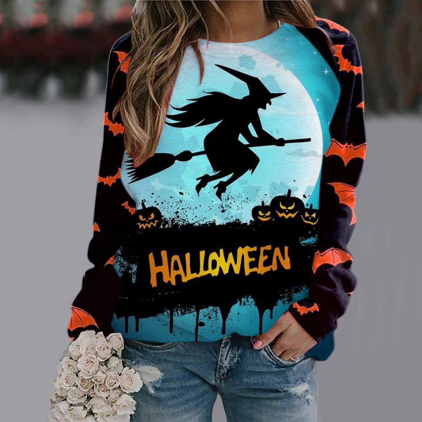 swvws Halloween Hoodies Womens Halloween Pumpkin Skull Long Sleeve Sweatshirt Lightweight Casual Pullover Top Halloween Sweatshirts Moletom Feminino