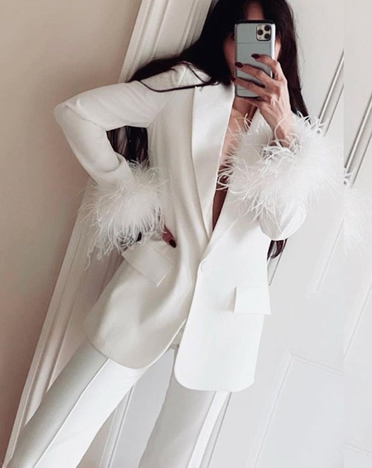 swvws Women Pants Suits Vintage Office Ostrich Feather Fur Top Blazer Jackets Party Formal Coat+ Staight Trousers 2 Piece Sets