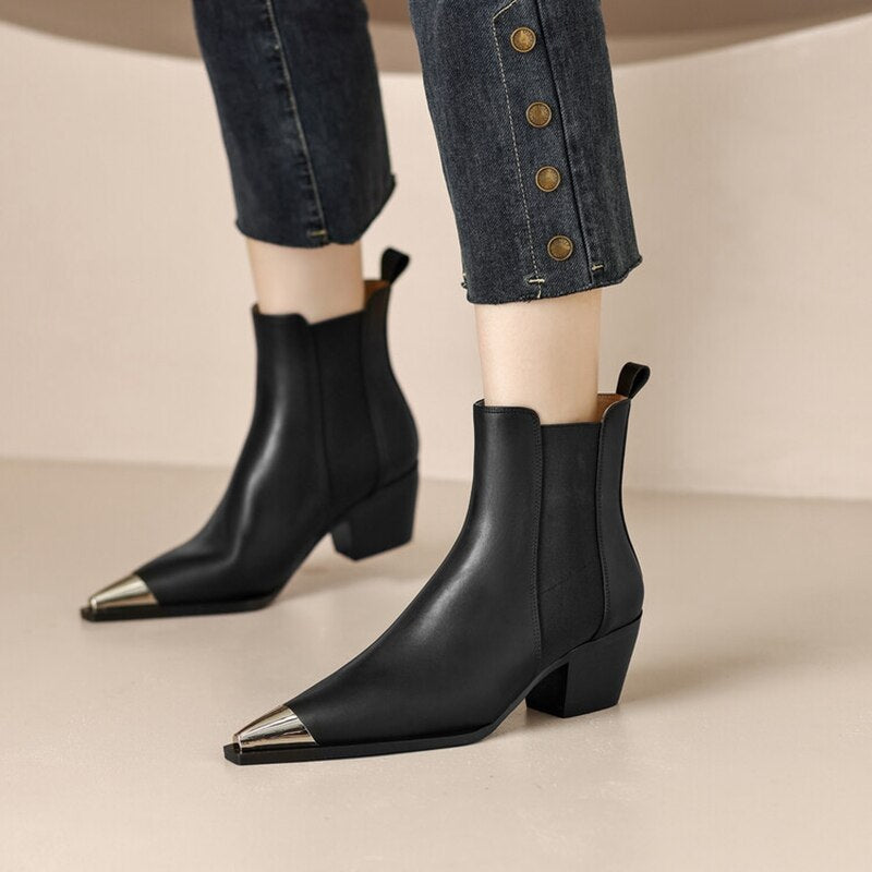 swvws  fashion inspo   NEW Fall Women Boots Pointed Toe Chunky Heel Shoes for Women Black Split Leather Shoes Winter Concise Western Boots Cowboy Boots