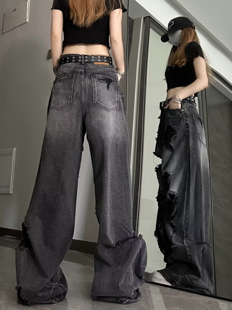 swvws Niche Design Jeans, High Street Heavy Industry Wide Leg Pants, High-end Floor Length Pants, Trendy Brand Women's Jeans