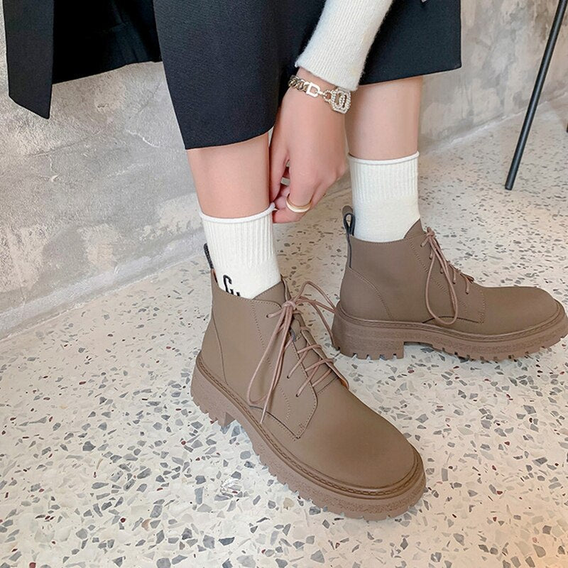 swvws Autumn Boots    NEW Autumn Shoes Women Round Toe Chunky Shoes Split Leather Ankle Boots Lace-up Short Boots for Women Solid Black Winter Boots