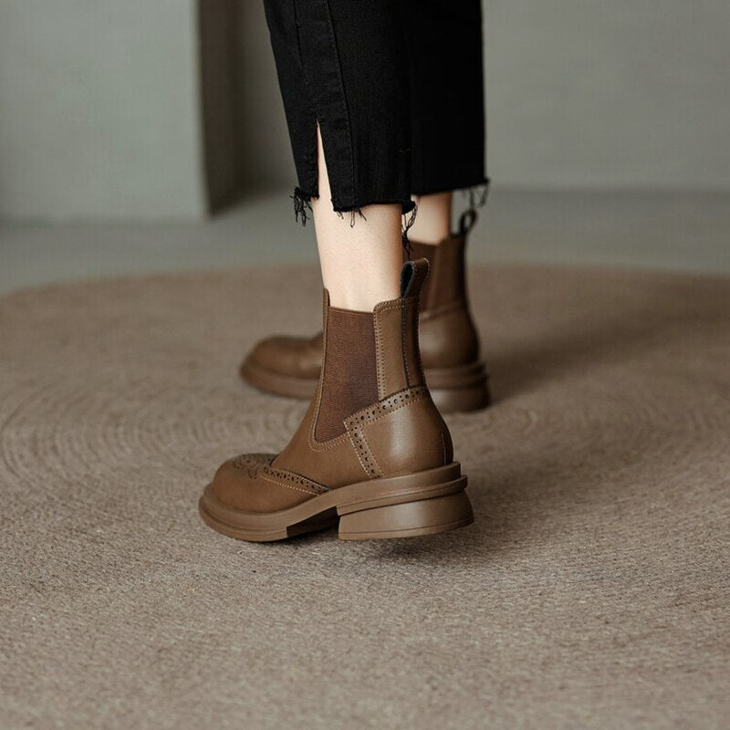 swvws Autumn Boots  Women Shoes Round Toe Chelsea Boots for Women Split Leather Brogues Winter Chunky Heel Ankle Boots Black Motorcycle Boots