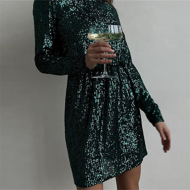 swvws Sequins Women Long Sleeve Belt Mini Party Dress Loose O-Neck Ladies Solid Bling Fashion Vestidos  New Year Formal Dresses