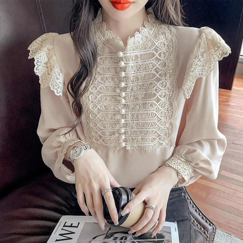 swvws Autumn Vintage Loose Chiffon Shirt Women Long Sleeve Beading Lace White Blouse Women Stand Collar Ruffles Office Lady Tops