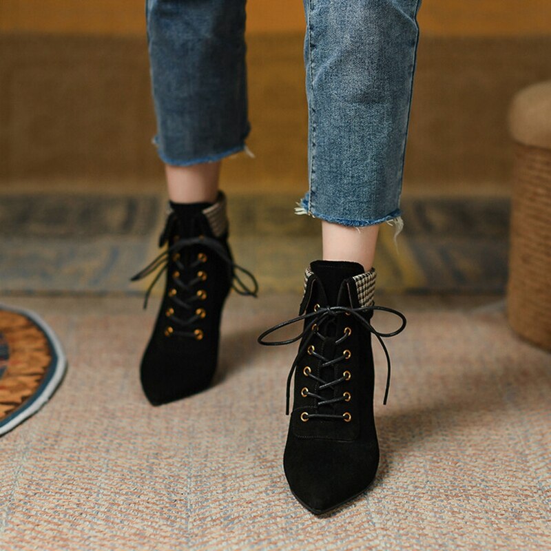 swvws Autumn Boots   NEW Fall Shoes Women Pointed Toe High Heel Shoes Sheep Suede Thin Heel Shoes Plaid Ankle Boots Women Mature Lace-up Modern Boots