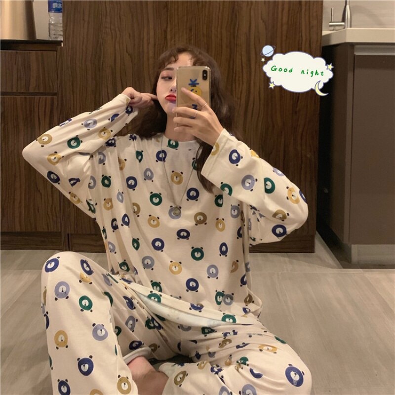 swvws Spring And Autumn Pajamas Women's Long-Sleeved Trousers Two-Piece Set Of Milk Silk Thin Section Breathable Student Home Clothes