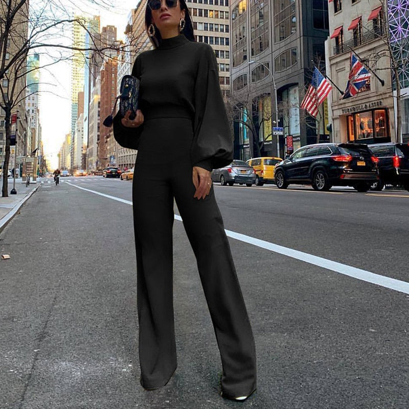 swvws  Women Fashion Elegant Backless Long Sleeve Wide Leg Pant Rompers Chic Turtleneck Solid Office Long Jumpsuit Casual Overalls