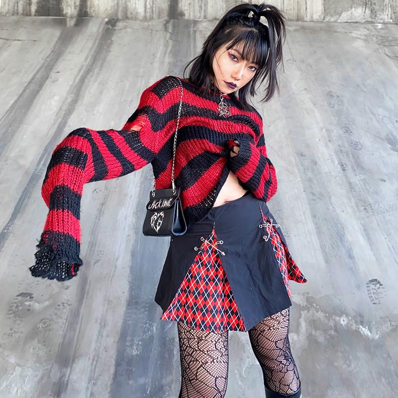 swvws Punk Gothic Sweater Emo Tops E-Girls Mall Goth Pullovers Y2k Harajuku Grunge Clothes Alt Dark Aesthetic Striped Jumpers