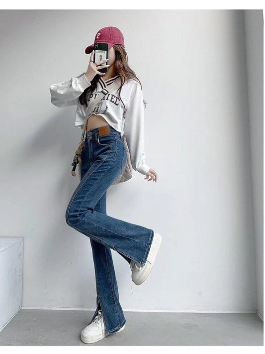 swvws Split Jeans Women's Spring And Autumn New High-waisted Slim Fit Slim Wide-legged Micro-trumpet Mopping Pants Trendy Ins