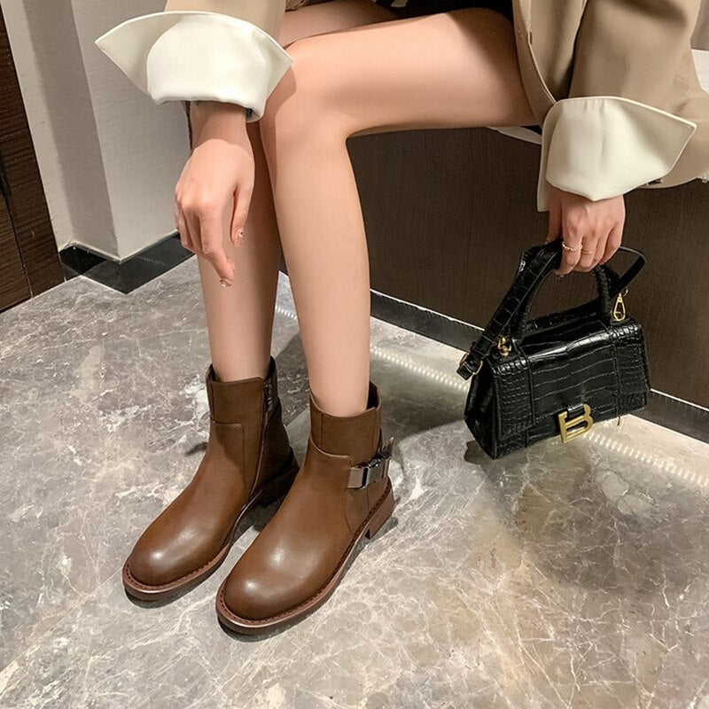 swvws  fashion inspo   Autumn/Winter Women Boots Split Leather Round Toe Low Heel Short Boots for Women Designer Boots Brand Women Shoes botas de mujer