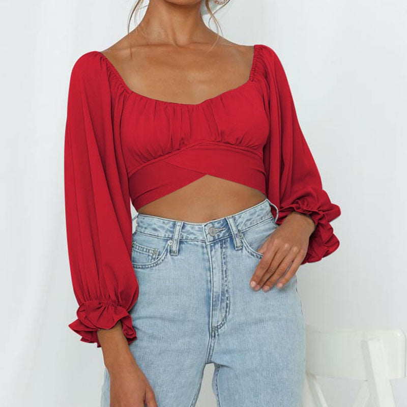 swvws Sexy Chiffon Mesh Off Shoulder Crop Top T Shirt Puff Sleeve Bandage Backless V Neck T-Shirt Women Club Autumn ASBL83465