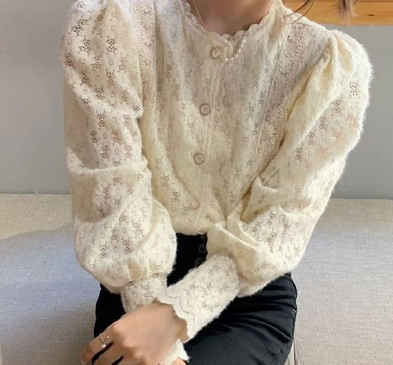 swvws Crochet Lace Women Shirt Fashion Vintage Flowers Button Shirts Elegant Casual Loose Puff Long Sleeve Blouses Tops Blusas