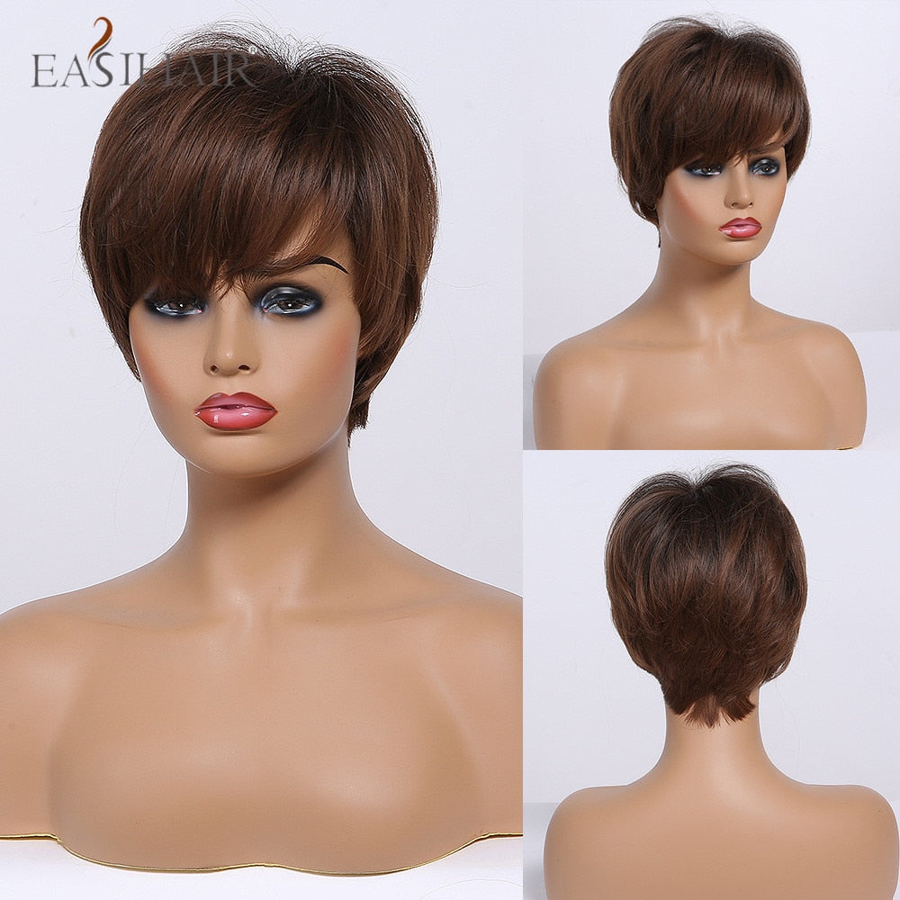 swvws  Short Hair Wig With Bangs Pixie Cut Ombre Black Ash Light Blonde Synthetic Wigs For Women Cosplay Wigs Heat Resistant