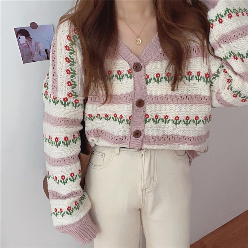 swvws Autumn Printed Cardigans Women Casual Hollow Out Floral Knitted Sweater Vintage Loose Long Sleeve Cardigan Tops Female Knitwear