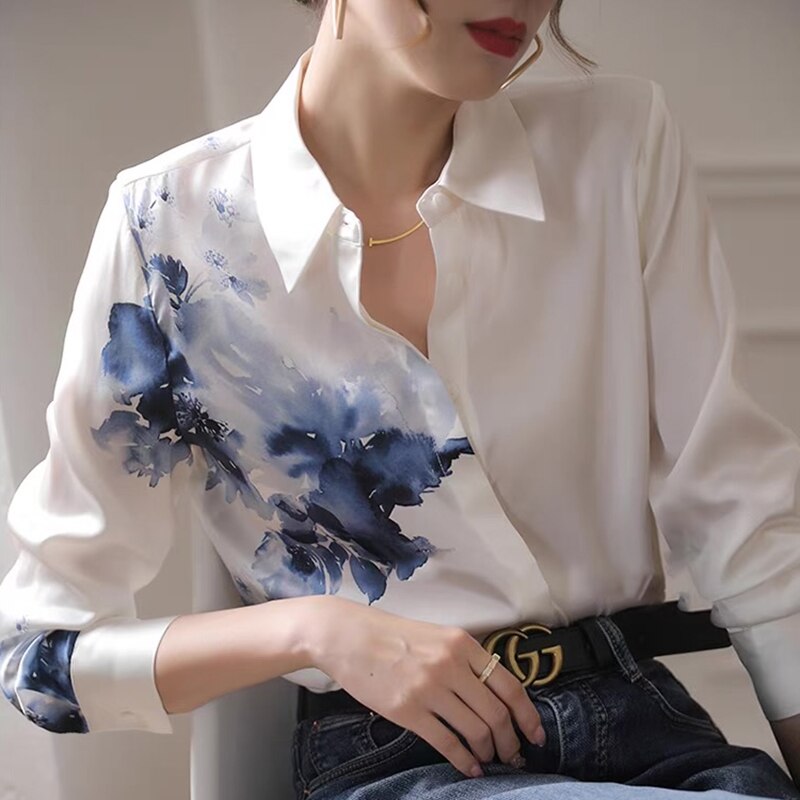 swvws Printed Elegant Chiffon Blouse Women Tops Long Sleeve Vintage Satin Blouses Women Fashion Autumn Casual Loose Silk Shirt