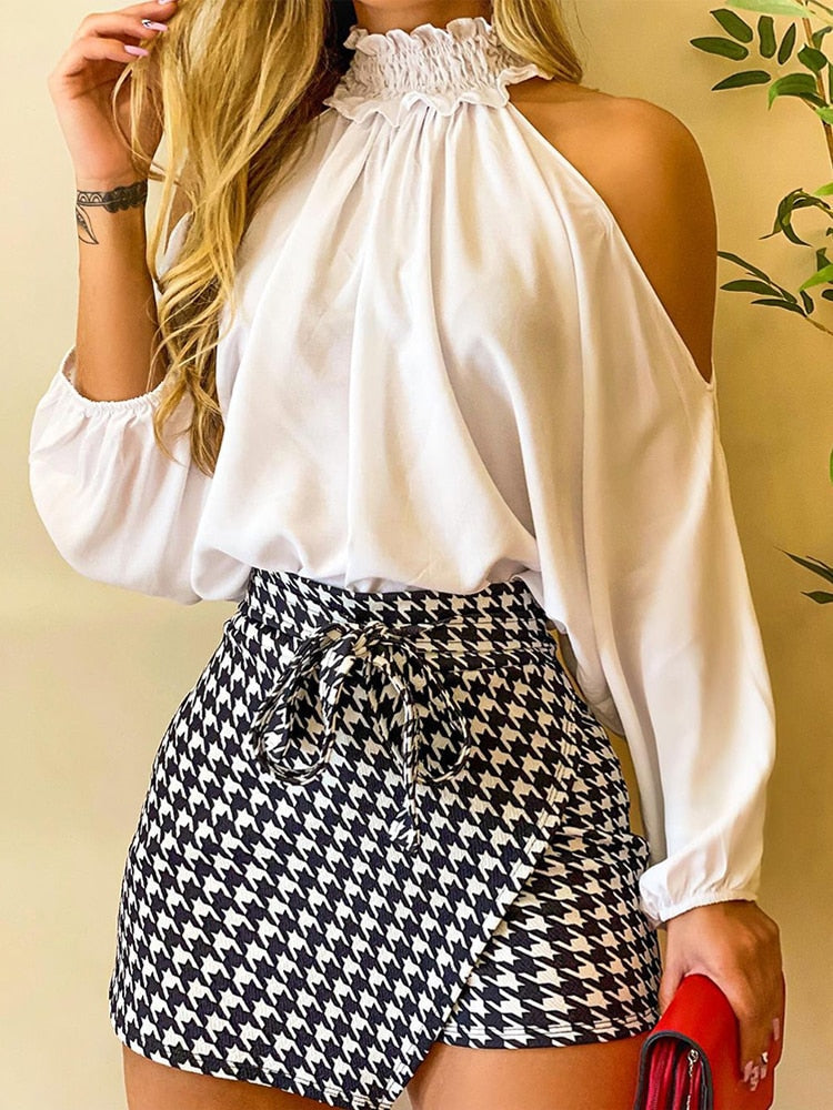 Back to School Fashion Women Two Piece Set Could Shoulder Long Sleeve  Top & Houndstooth Print Mini Skort Set