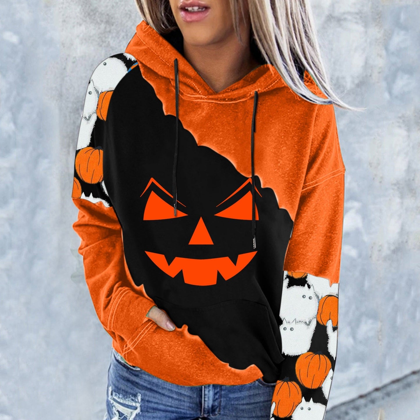 swvws Halloween Hoodies Casual Sweatshirts For Womens Pumpkin Face Printing Patchwork Hoodie Halloween Fashion Long Sleeve Casual Drawstring Sweatshirts