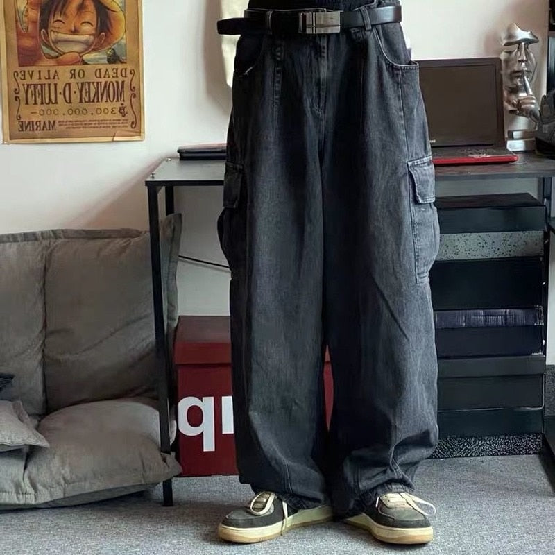 swvws Back To School  Baggy Jeans Trousers Male Denim Pants Black Wide Leg Pants Men's Jeans Oversize Cargo Korean Streetwear Hip Hop Harajuku