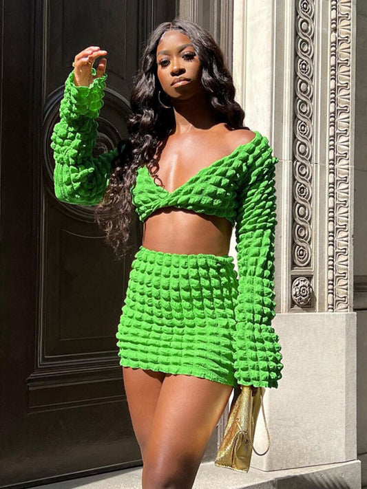 swvws Waffle Solid Two Piece Set Women Fall Elegant V-Neck Long Sleeve Crop Top+Skirts Skinny Trend Matching Streetwear