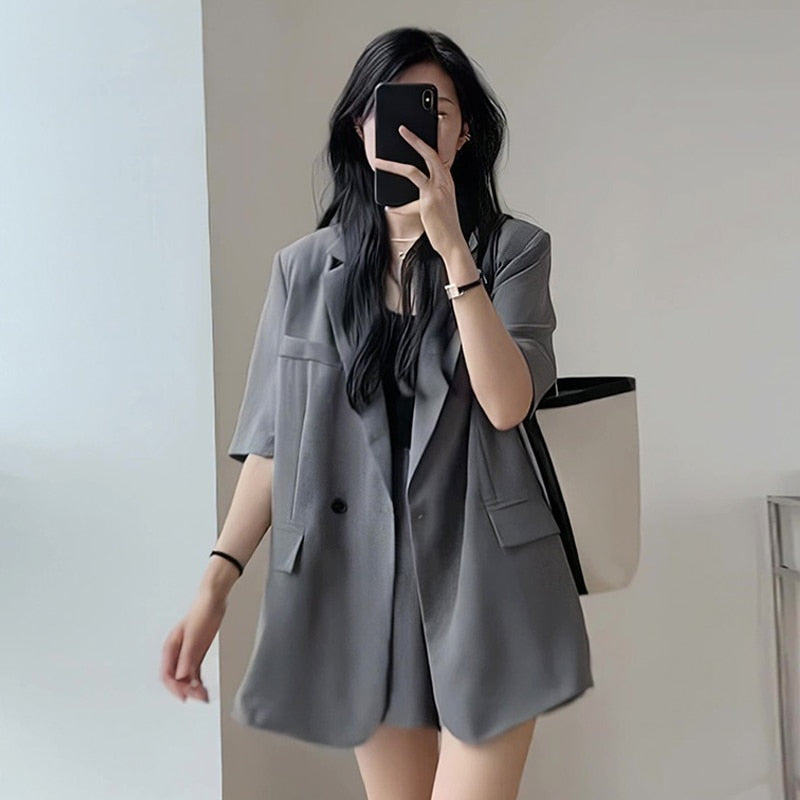 swvws  Summer Retro Korean Version of the Temperament Short-sleeved Suit Jacket + Shorts Set Casual Loose Suit Two-piece Female