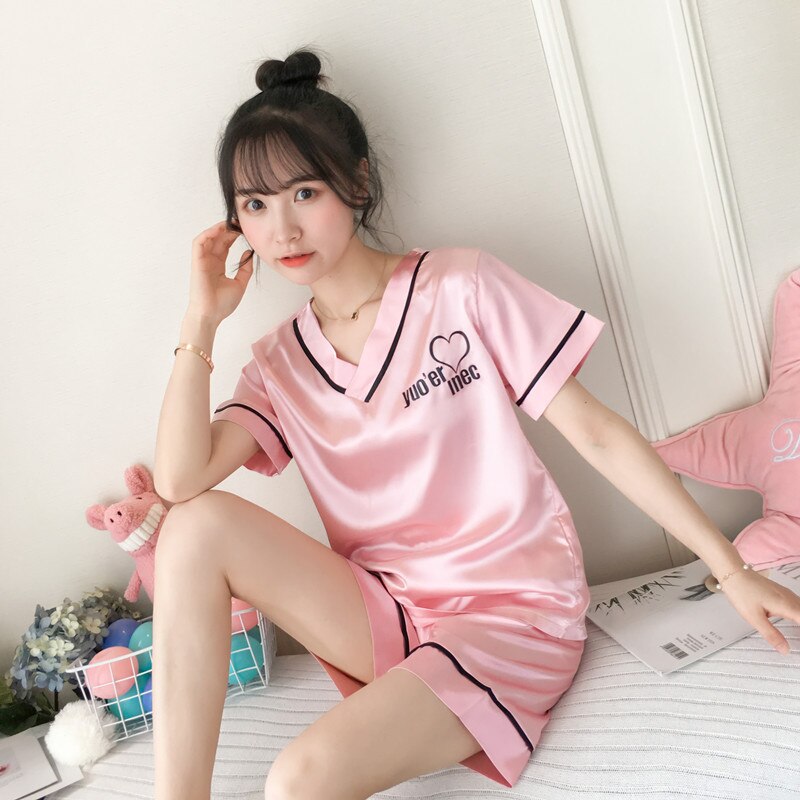 swvws Pajamas Women's Summer Silk V-Neck Short-Sleeved Two-Piece Suit Students Sweet And Cute Ice Silk Home Clothes Women