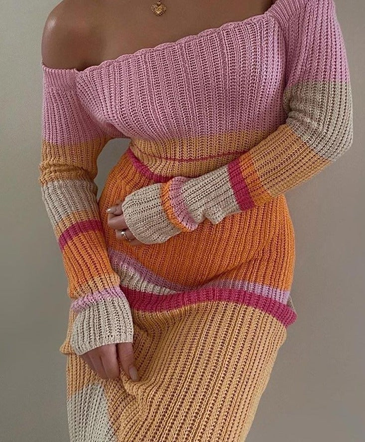 swvws Y2K Off The Shoulder Women Dress  Summer Knit Colored Striped Long Sleeve Female Dresses Elegant Sexy Beach Lady Maxi Robe