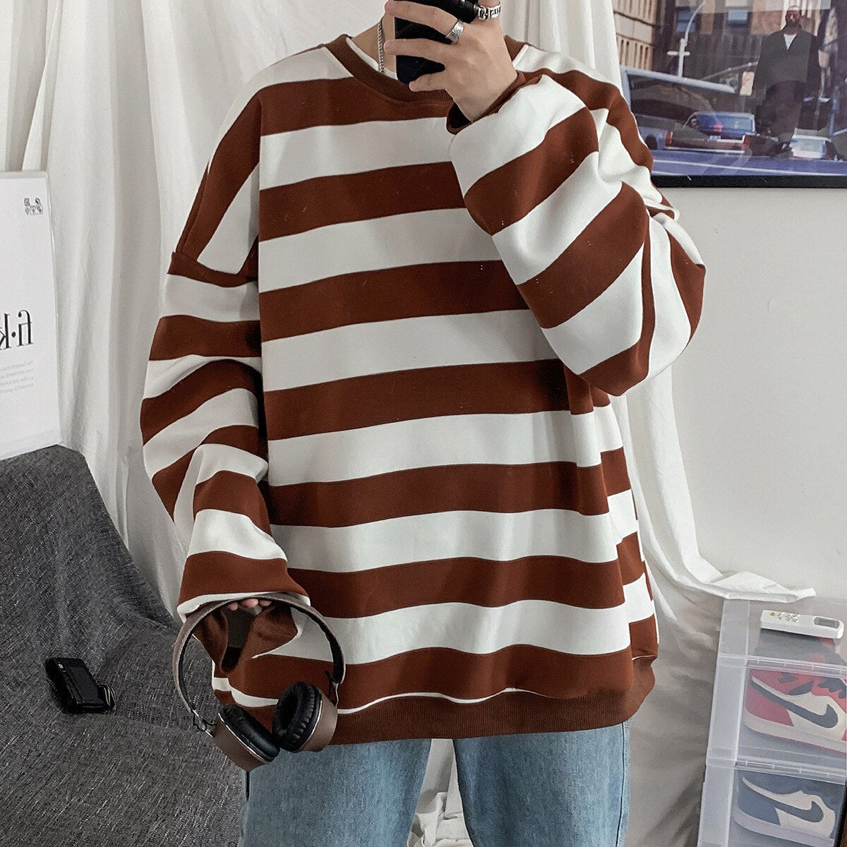 swvws Autumn Striped Sweatshirts Casual Oversized Pullovers Fashion Hip Hop Harajuku Streetwear Loose Women Jumpers Teen Couple Tops