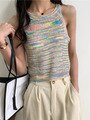 swvws Colorful Striped Summer Tanks Tops Women Korean Rainbow Sleeveless Shirts Top O-Neck Slim Knitted Top Slim Sexy Streetwear