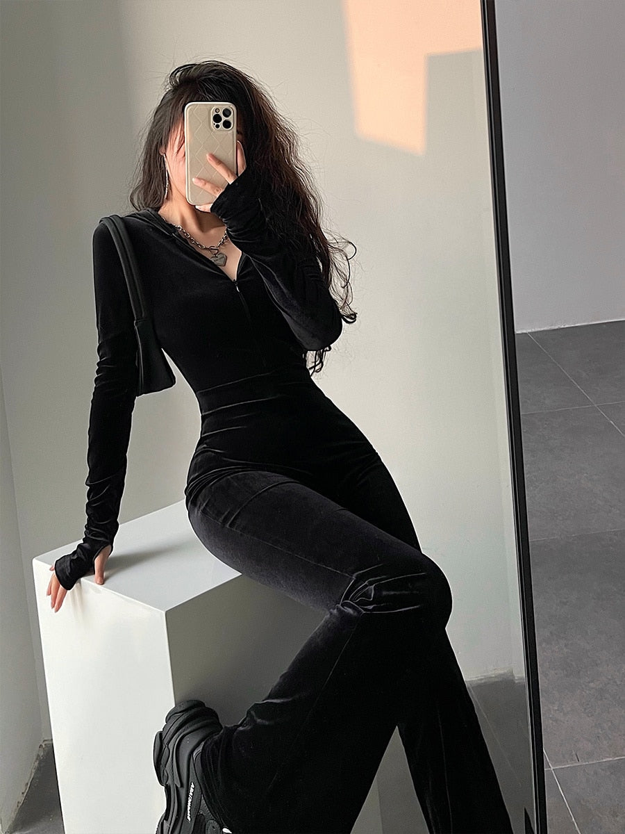 swvws Fashion Black Velvet Slim Hooded Zipper Long Sleeve Flare Pants Jumpsuit Rompers Korean Sexy Hot Tops