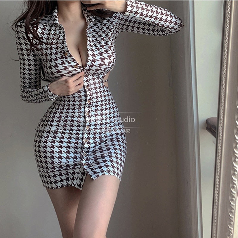 swvws Lattice Autumn Bird New Lapel Elegant Button Hollowed Out Sexy Skinny Hip Long Sleeve Mini Dress Sexy Korean Shirt B5S