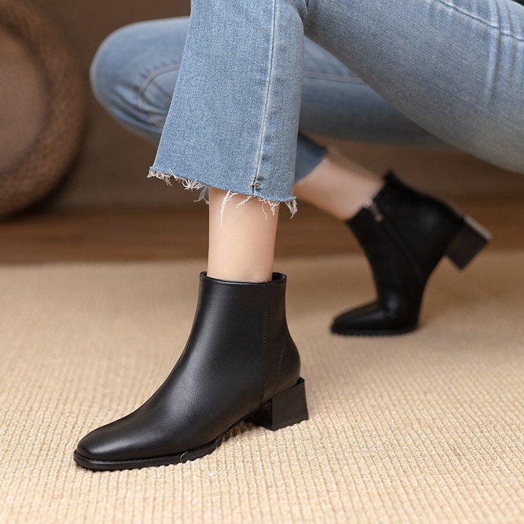 swvws Women Ankle Boots Mid Heels Dress Shoes Woman Ol Office Lady Shoes Winter Botines with Zipper Black Botas De Mujer Brown