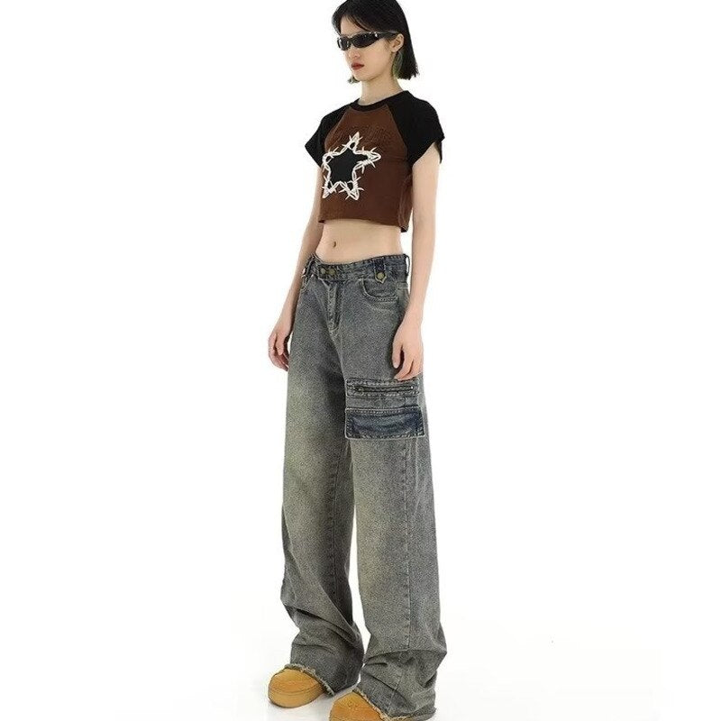 swvws Hong Kong Style Retro High Waisted Workwear Jeans, Women's Summer New Unique Design, Straight Pocket, Floor Long Pants