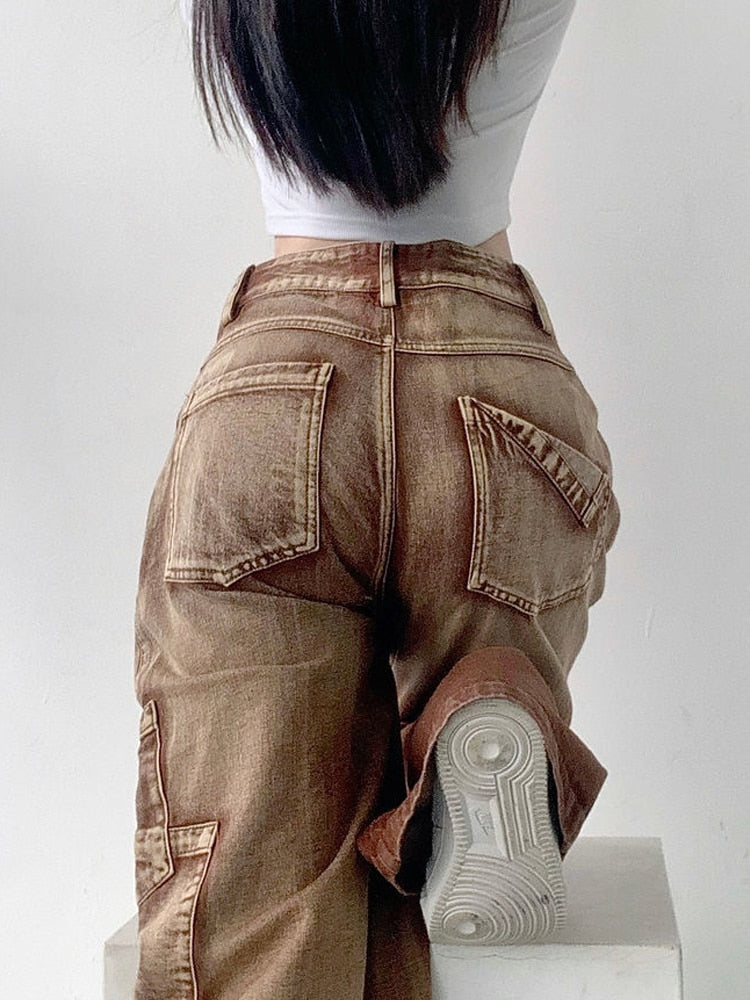 swvws Y2K Brown Cargo Pants Women 90S Vintage Grunge High Waist Baggy Jeans Streetwear Wide Leg Loose Denim Trousers Female